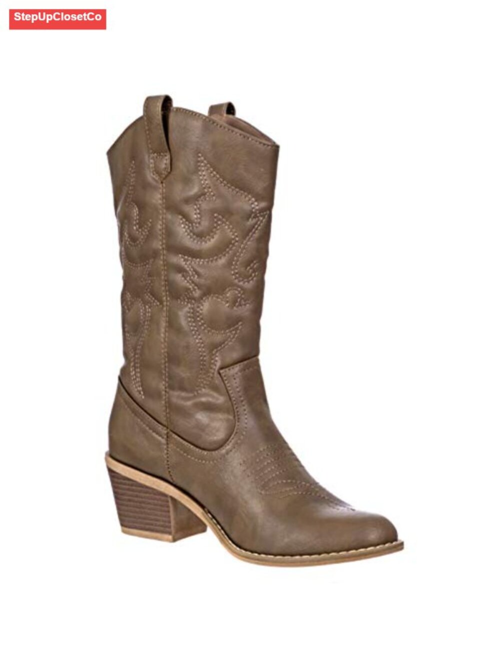 Women's Mid-Calf Embroidered Western Cowboy Boots Faux Leather Slip On